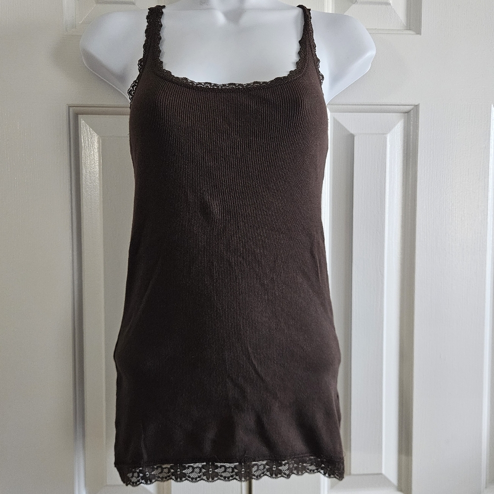 Y2K Ribbed Tank Top Womens S Brown Lace Trim Retro Long Slim 90s Minimalist